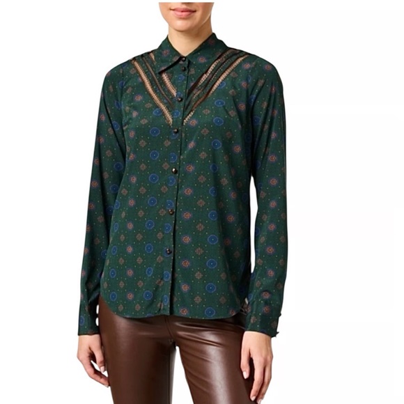 Veronica Beard Silk Deep Green Patterned Blouse - Picture 3 of 10